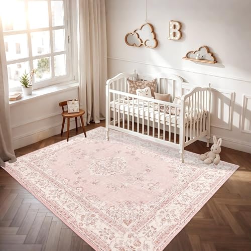 Vintage Washable Area Rug 6x9 - Soft Pink Oriental Style Living Room Bedroom Nursery - Variation: Soft Pink / 6' x 9' Rectangular