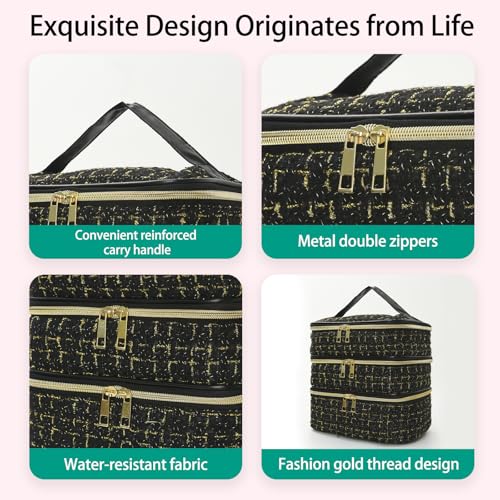 Travel Makeup Bag for Women Three Layer Large Cosmetic Case Water-resistant Toiletry Bag Organizer for Store Toiletries Cosmetic Accessories and Manicure Sets Gold Black