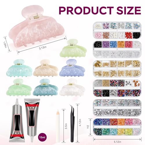 DIY Hair Claw Clips Kit with Decorative Accessories - 8 Acrylic Clamps & Craft Supplies