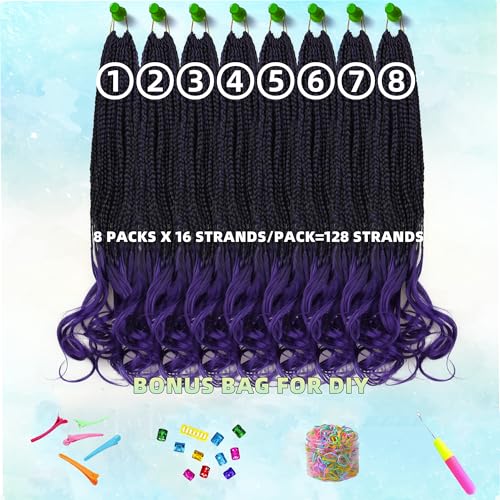 French Curl Crochet Braids for Black Women - 18 Inch, 8 Packs, Ombre Purple, Pre-Looped Goddess Box Braiding Hair with Curly Wavy Ends (Variation of This Listing)