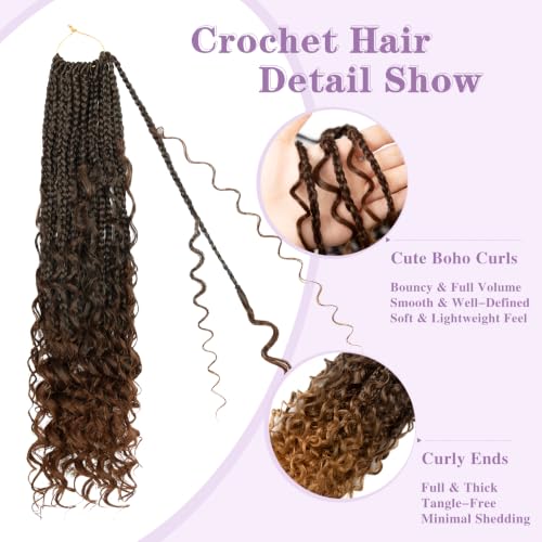 Boho Box Braids Crochet Hair 24 Inch with Curly Ends - Pre Looped Synthetic Hair - 1B/30 - Pack of 8