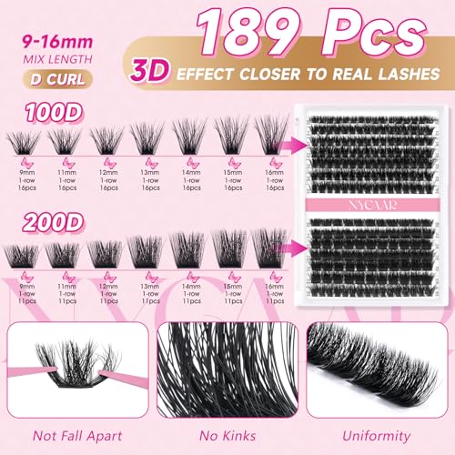 Lash Clusters 3D Effect Individual Lashes Kit NYCAAR 189pcs 100D200D D Curl 9-16MIX Eyelash Clusters Wispy Lashes Fluffy Cluster Lashes Kit with Lash Glue Remover Applicator Easy to Use for Beginners