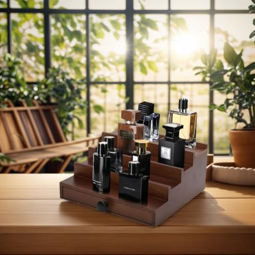 Walnut Cologne Organizer for Men - 4 Tier Wooden Cologne Perfume Display Stand with Drawer and Hidden Compartment, Mens Cologne Holder Shelf for Organizing and Storing