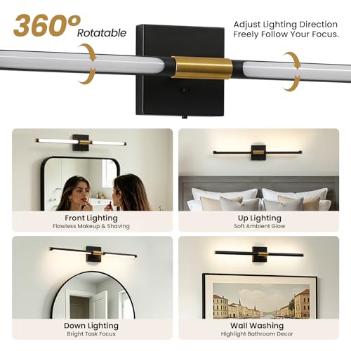 Black and Gold 32-Inch Dimmable LED Vanity Light Bar with 360° Rotatable Tube