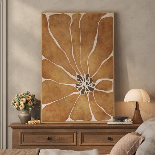 36x24 Inch Framed Boho Abstract Floral Wall Art for Living Room - Brown Neutral