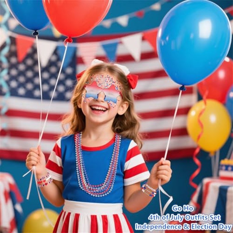 Go Ho 4th of July Outfits for Women,Red White and Blue Face Body Glitter,9PC Necklaces,3PC Star Glasses and 6PC Patriotic Bracelets,4th of July Accessories,Fourth of July Decorations Favors Set