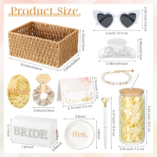 LemonRoad 11 Pcs Bride Gifts Basket Set for Bridal Shower Bachelorette Party Heart Glasses Glass Cup Makeup Bag Bracelet Claw Clip Scrunchies Card Bride to Be Box Wedding Engagement Gifts for Her