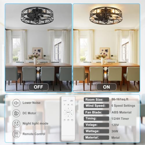 Depuley 20 Inch Black Flush Mount Ceiling Fan with Remote Control and Lights - Reversible 6 Speed Low Profile Indoor/Outdoor Fixture