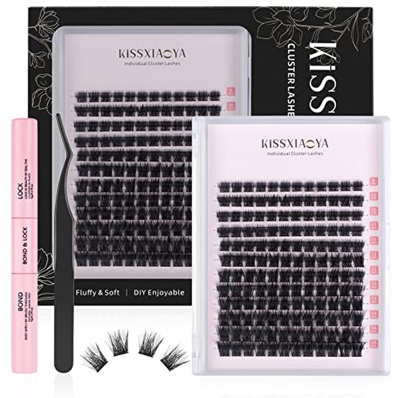 KISSXIAOYA Cluster Eyelash Extensions Kit, DIY Lashes Extension Kit with Lash Bond & Seal and Applicator, 144 Pcs 0.10mm 56D 9-15mm Mixed Wide-stem Lash, Individual at Home