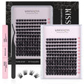 KISSXIAOYA Cluster Eyelash Extensions Kit, DIY Lashes Extension Kit with Lash Bond & Seal and Applicator, 144 Pcs 0.10mm 56D 9-15mm Mixed Wide-stem Lash, Individual at Home