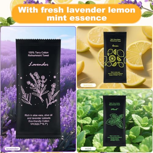 twoworld 60 Pack Moist Cotton Towelettes with Lavender, Lemon & Mint – Individually Wrapped Travel Wipes