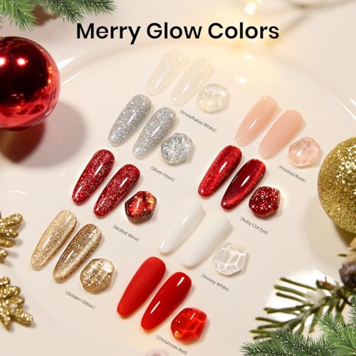 Beetles Merry Glow Christmas Gel Polish Set - 8 Holiday Colors Gel Nail Gift Box with Base&Top Coat, White Red Gold Silver Cat Eye Nude Nail Kit, Uv Led DIY Salon Manicure Kit Beauty Gifts for Women