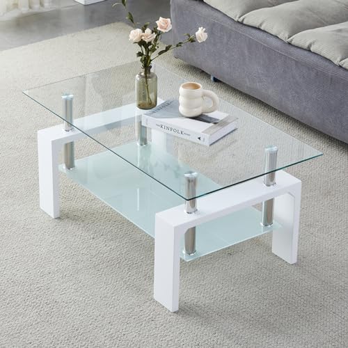 Kebynti White Rectangular Glass Coffee Table - Modern Living Room Furniture