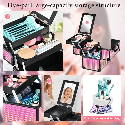 Makeup Train Case Organizer with Mirror and Pouch - Black Bright Pink Variation