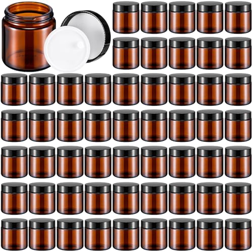 Norme 64 Pack 4 oz Glass Storage Jars with Black and Amber Lids - Reusable Cosmetic & Spice Containers