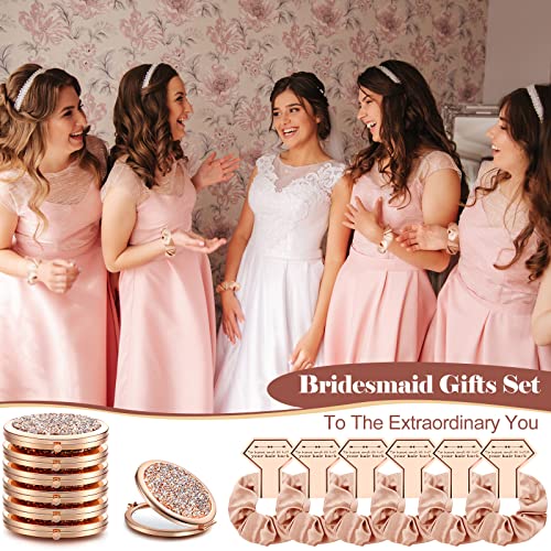 Chunful 6 Sets Bridesmaid Gifts for Women Include Rose Gold Compact Makeup Mirror with Satin Hair Ties Scrunchies Rhinestone Pocket Mirror for Bridal Shower Favors Bachelorette Party Gifts