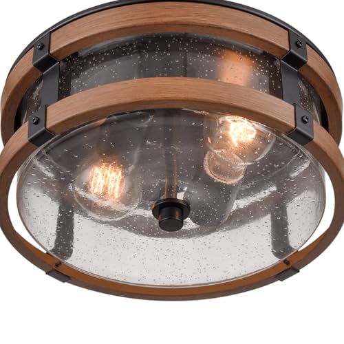 2-Light Ceiling Light with Seeded Glass Shade - Black & Rustic Finish, 4.1 Inch Height
