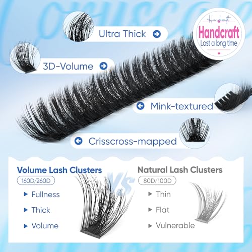 CORUSCATE Lash Clusters 160D+260D Eyelash Clusters 12-24mm Long Lash Extension Thick Cluster Eyelash Extensions Volume Strip Mink Lashes Cluster Dramatic Full Salon Look Mega Eyelashes