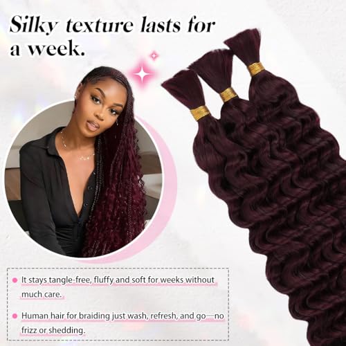 Burgundy Deep Wave Human Hair Braiding Bundles - 10 Inch, No Weft, 3 Pack