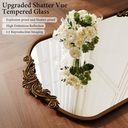 Vintage Wall Mirror 36x24 Inch Arched Antique Frame - Dark Gold Bronze