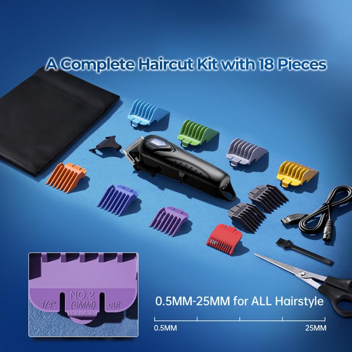 Black Low Noise Hair Clippers with 10 Color Guide Combs - Cordless Men & Women Grooming Kit