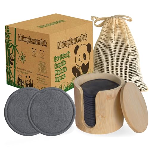 Reusable Cotton Rounds, 100% Natural Bamboo Cotton Pads for Face|Reusable Makeup Remover Pads with Laundry Bag,Headband and Cotton Round Holder (Gray)