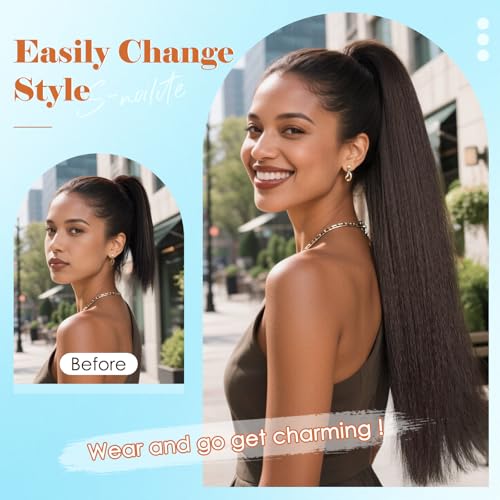 S-noilite 24 Inch Long Yaki Straight Ponytail Extension for Black Women Natural Black