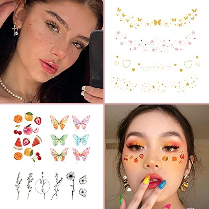 32 Sheets Face Temporary Tattoo, 20 sheets Glitter Metallic Freckle Tattoos, 12 PCS Butterflies Fake Tattoos Stickers for Festival Makeup Rave Accessories