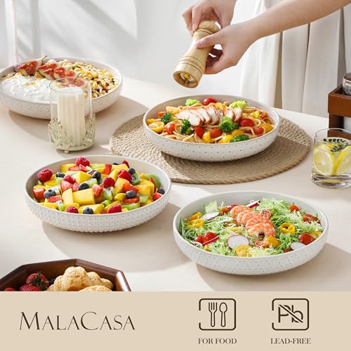 White Ceramic Pasta Bowls Set of 4 48 Oz Large Salad Plates Modern Relief Design