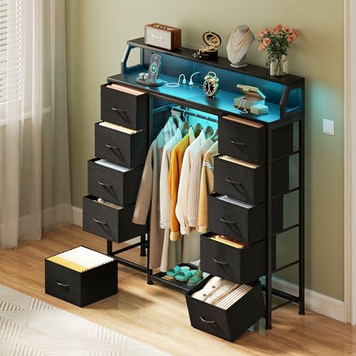 51-Inch Dresser with Hanging Rack and 10 Fabric Drawers - Black, 11.8"D x 51.2"W x 49.1"H
