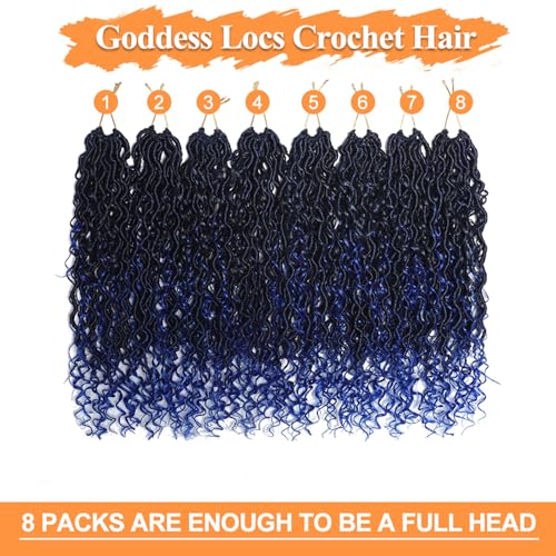 14 Inch Goddess Locs Crochet Hair - Blue Boho Faux Locs with Curly Ends, 8 Packs