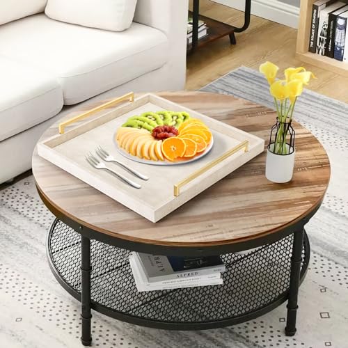 Ivory Large Ottoman Tray for Coffee Table with Gold Handles - 20x20x3 inches