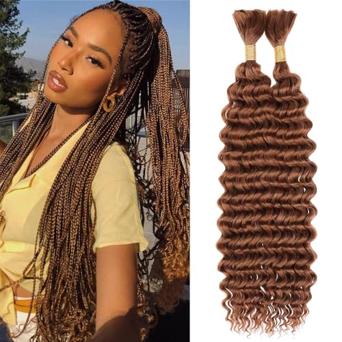 #30 Light Brown Deep Curly Human Hair Braiding Bundles 2x100g 26in Non-Weft Freiuoke BA 30 Brown D