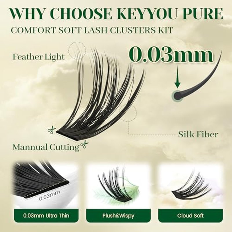 KEYYOU DIY Lash Extension Kit 300pcs 80D D Curl Soft Lash Clusters Easy to Apply with Lash Bond and Seal Applicator and Remover Eyelash Extension Kit at Home(RMkit-80D-D-9-18mix)