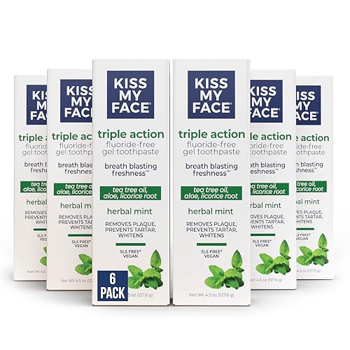 Kiss My Face Triple Action Herbal Mint Toothpaste Gel 6 Pack - Natural Whitening & Tartar Control, Fluoride-Free