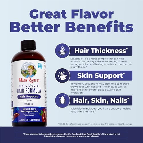 MARYRUTH'S Daily Liquid Hair Formula | With 500 mg SesZenBio¢â + 2,500 mcg Biotin | Vitamin C | Thicker, Stronger Hair for Women | Hair, Skin, & Nail Health | Collagen Production | 16 Fl Oz