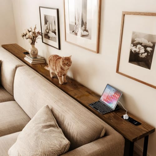 102 Inch Narrow Sofa Table with Power Outlets - Rustic Brown, Extra Long Console Behind Couch