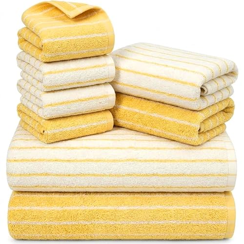 Yellow Cotton Bath Towels Set 8 Pieces - Striped, Soft & Absorbent