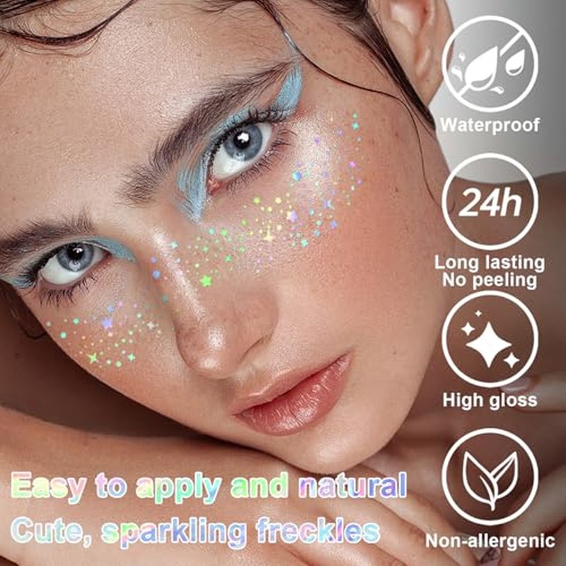 8 PCS Holographic Multicolor Glitter Freckles Face Tattoo, Makeup Patch, Faux Freckles Waterproof Temporary Tattoos Cute Glitter For Women and Kids Halloween Christmas (8PcsB Holographic Multicolor)