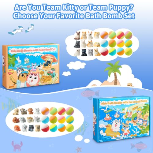 Kids Bath Bombs with Surprise Puppy & Cat Toys - Safe Gift Set, 24 Pack