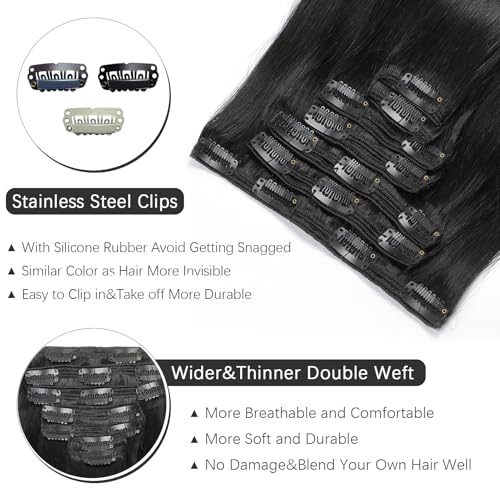 Clip in Hair Extensions Real Human Hair - 140g 7pcs Natural Black 16 Inch