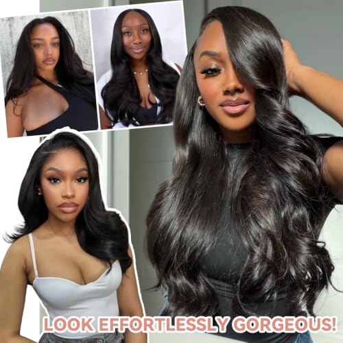 PREMPO 20 Inch Natural Black Wavy V Part Wig for Black Women - Glueless, Layered Synthetic Hair