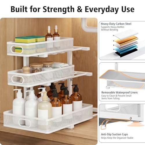 GUUKAR White 3-Tier Under Sink Organizer with Adjustable Height – Metal Storage Rack