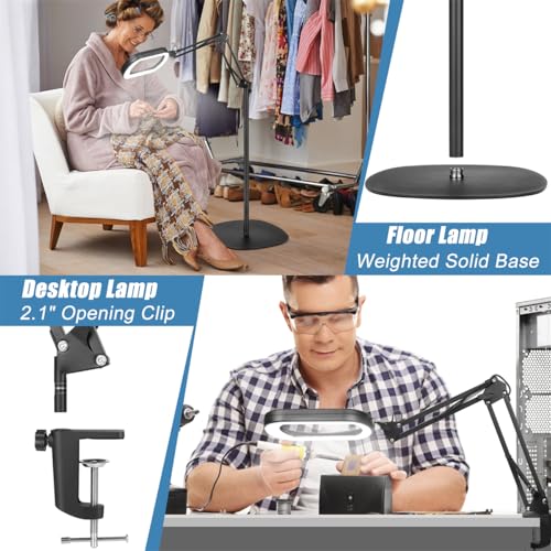 IVMAIE 12X Magnifying Glass with Light & Stand - Black, 5 Color Modes Dimmable LED, Hands-Free Floor & Clamp Lamp, Reading & Crafting