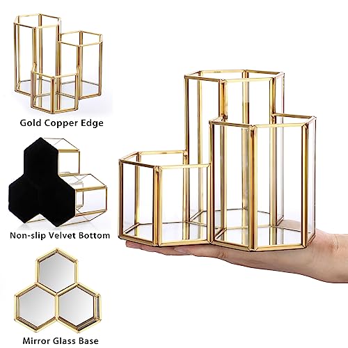 Hipiwe Glass Makeup Brush Holder 3 Slot Hexagon Large Gold Desktop Organizer