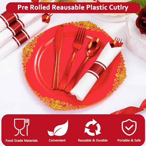 Pre Rolled Red Plastic Silverware Set - Heavy Duty for Xmas - Classic Variation