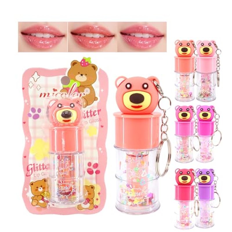 6 Pcs Hydrating Lip Gloss Set, Shimmer Glossy Moisturizing Lip Jelly Sequins and Sparkles Lip Make-Up for Women Party Gift Cute Bear Keychain Design