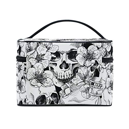 Makeup Train Case Sugar Skull Mexican Floral Korean Carrying Portable Zip Travel Cosmetic Brush Bag Organizer Large White Elephant Gift for Girls Women