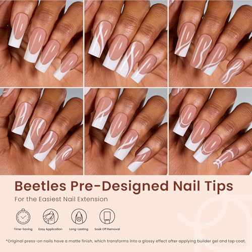 Beetles French Tip Press on Nails Long Square, 15 Sizes Soft Gel Nail Tips Jelly Brown 7 Styles Pre-Designed 4 in 1 Fake Nails Natural Look False Nail Tips for Nail Extensions Nail Art Gifts for Girls
