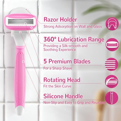 Razors for Women Include 2 Non-Slip Handles and 14 Blade Refills with a Shower Holder, 5 Premium Blades Women's Razors for Shaving with 360¡Æ Lubrication Reduces Irritation, Pink